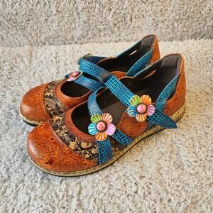 SOCOFY Women's Boho Leather Floral Slip On Mary Jane Shoes EU 38 7.5 Art To Wear
